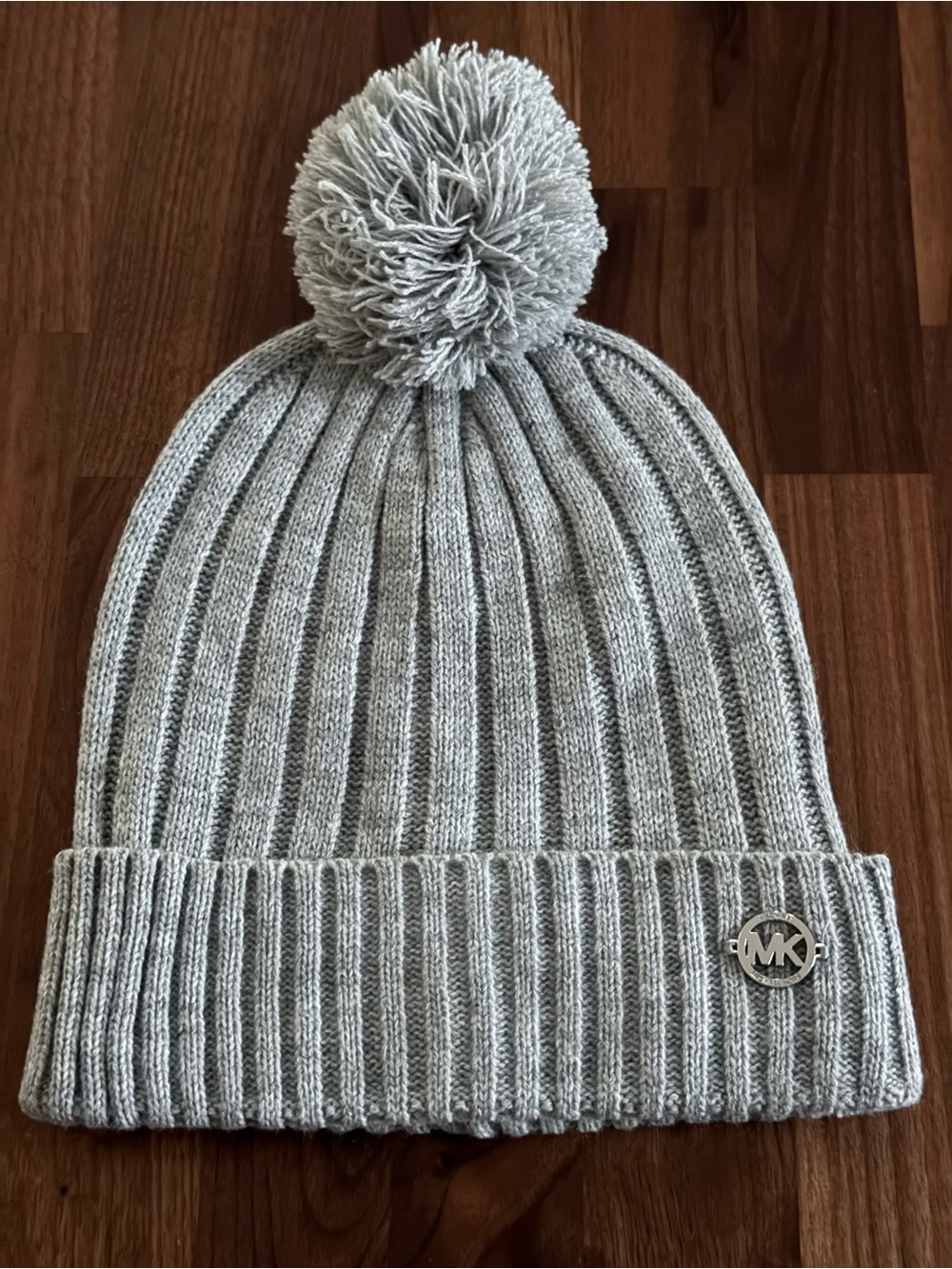 Michael Kors Light Gray Ribbed Knit Beanie with Logo Tag. One Size (OS) retired